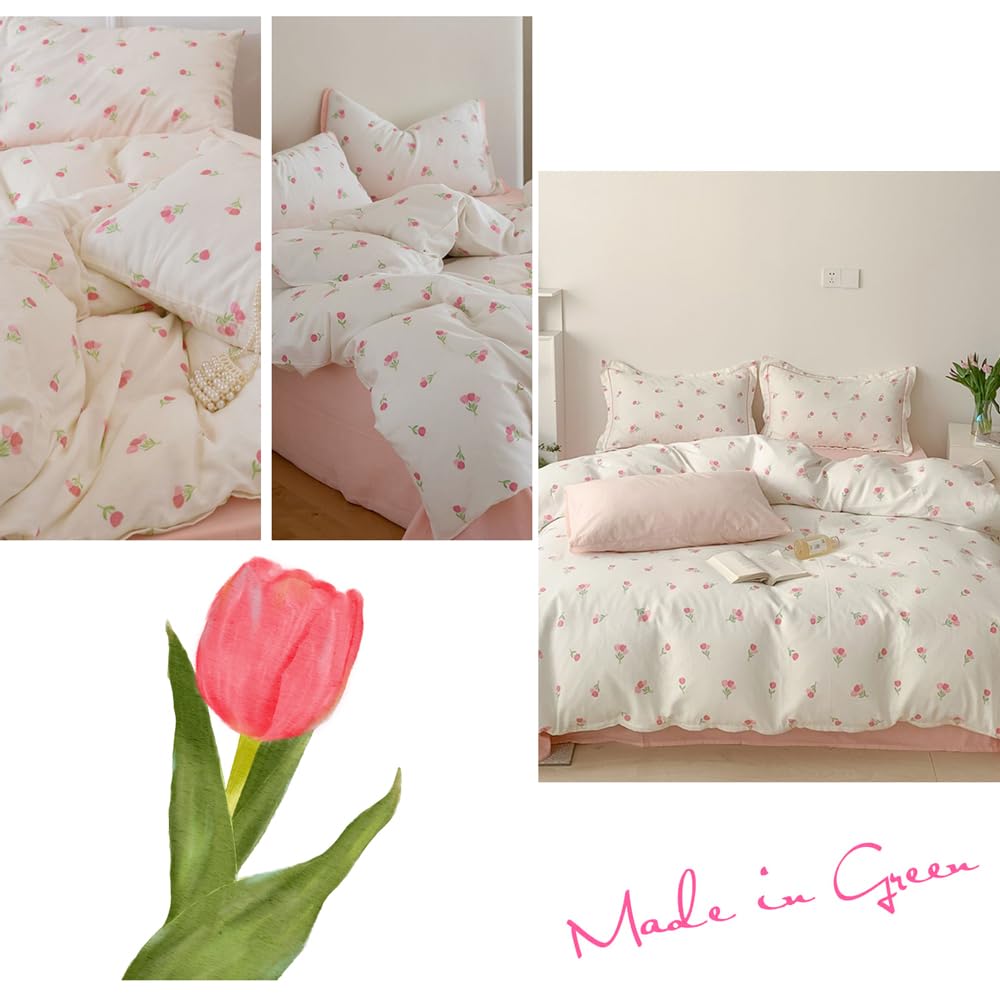 Erwinmu Floral Comforter Set King Size - 3 Pieces Pink White Floral Comforter Bedding Sets Tulips Pattern,King Bed in a Bag with Heart Comforter and 2 Pillowcases