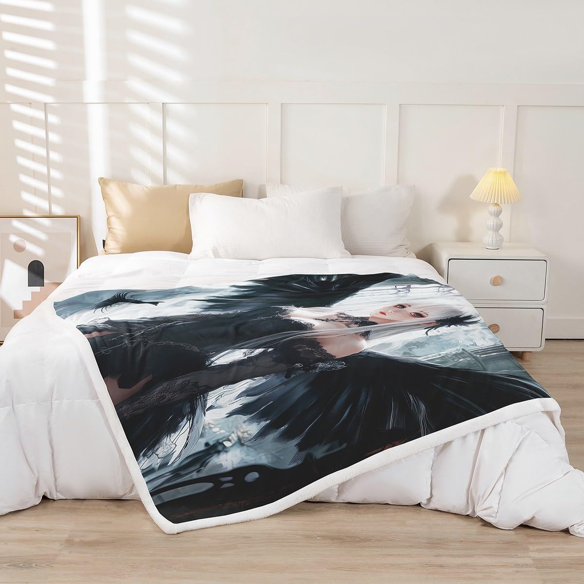 Erosebridal Anime Girl Throw Blanket Twin Size, Kawaii Japanese Anime Fleece Sherpa Blanket for Kids Boys Teens Adult, Cartoon Girl Japan Animation Bedroom Decor, Machine Washable,Black White