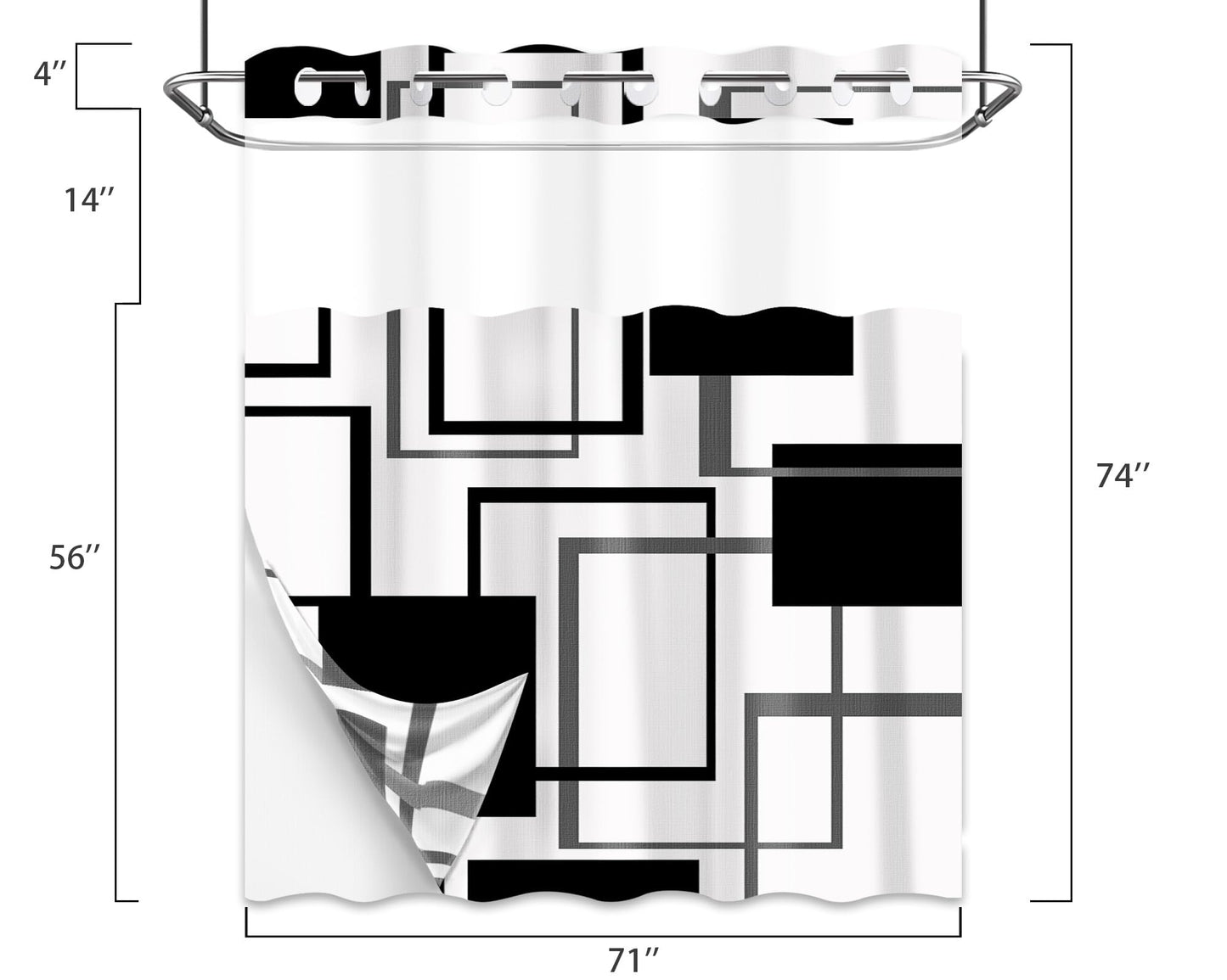Yieldeer Black and White Geometric Hookless Shower Curtain 71"x74"