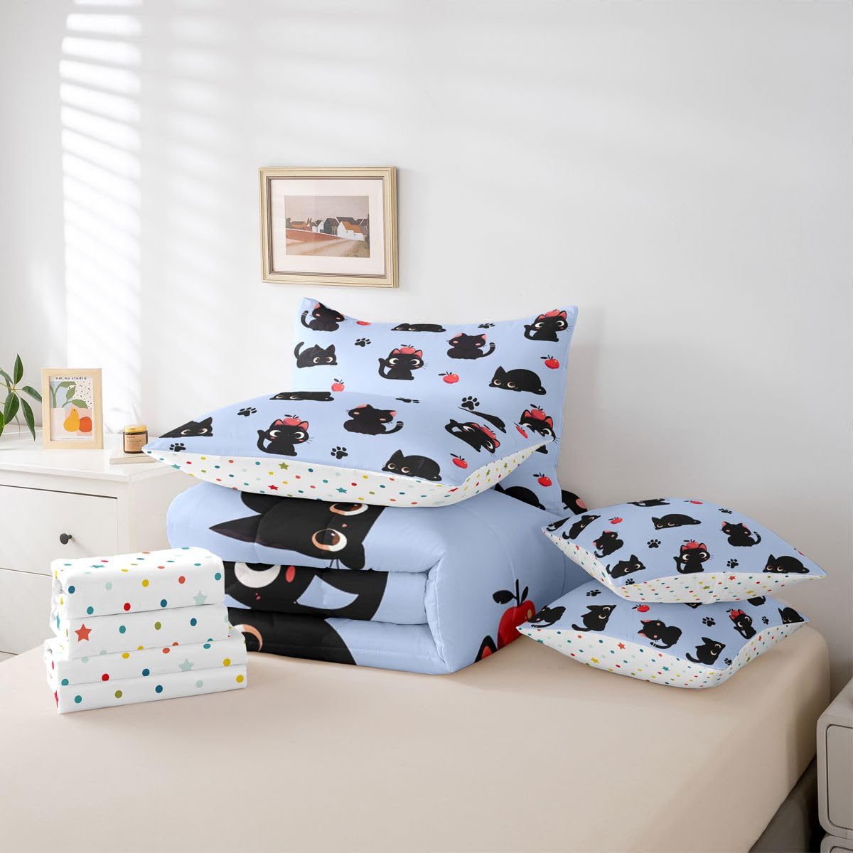 Erosebridal Cute Black Cats 7-Piece Bedding Set Full Size for Kids Girls Teens - Cartoon Black Cats Bed in a Bag Lovely Cat Paw Print Comforter Set with Sheets Kawaii Animal Cat Duvet Insert