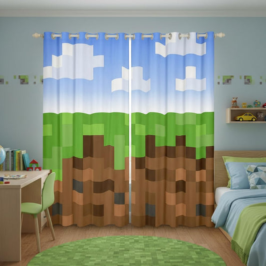 Castle Fairy Pixel Grid Miners Window Curtain | Pixelated Games Window Drapes for Kids Bedroom Decor,Geometric Grid Blackout Curtains Brown Green Army Camo Living Room Top 2 Panels,38Wx54L