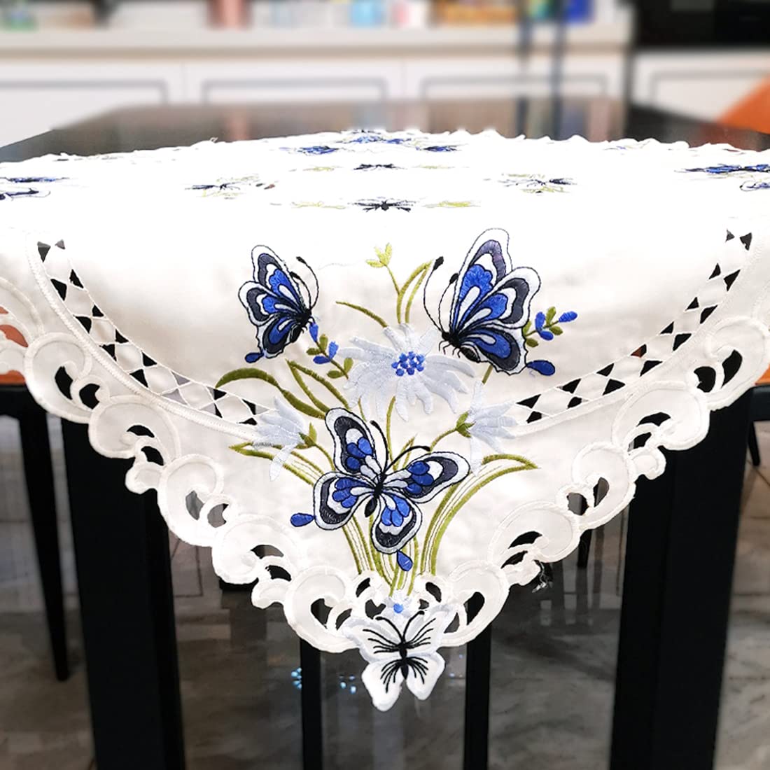 LeLehome 33 Inch Embroidery Square Tablecloth, Blue Butterfly Beige Vintage Classic Lace Floral Dining Small Table Cloth Cover