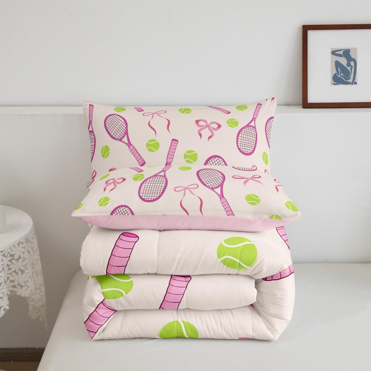 Tennis Kids Full Comforter Sets,Girls Sport Cute Bowknot Reversible Bedding Set for Boys Teens,Outdoor Sport Ball Game Quilt Set 3 PCS,Pink Yellow Cute Princess Duvet Insert,2 Pillow Cases