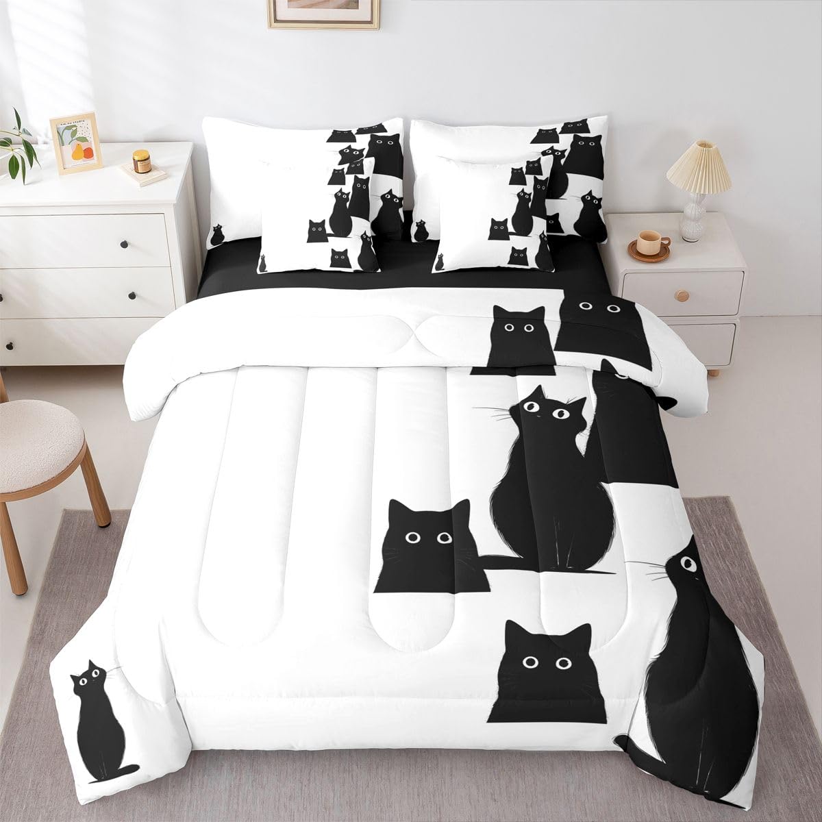 Erosebridal Cute Black Cat 7-Piece Bedding Set Full Size for Boys Girls - Kids Kawaii Cats Bed in a Bag Funny Black Cats Comforter Set with Sheets for Cat Lovers Kawaii Kitten Animal Duvet Insert