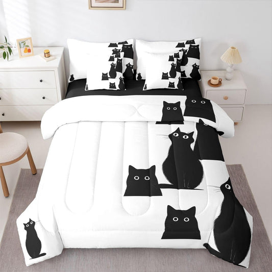 Erosebridal Cute Black Cat 7-Piece Bedding Set Full Size for Boys Girls - Kids Kawaii Cats Bed in a Bag Funny Black Cats Comforter Set with Sheets for Cat Lovers Kawaii Kitten Animal Duvet Insert