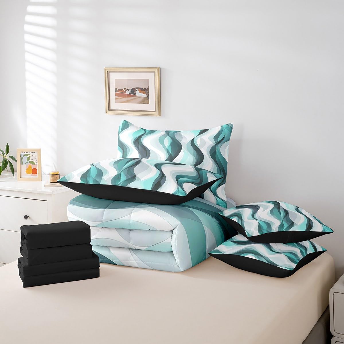 Erosebridal 7Pcs Teal Geometric Lines Queen Comforter Set,Turquoise Striped Bed in A Bag for Minimalist Women Men Adults,Modern Aesthetics Art Quilt,Contemporary Gradient Ombre Lines Quilt