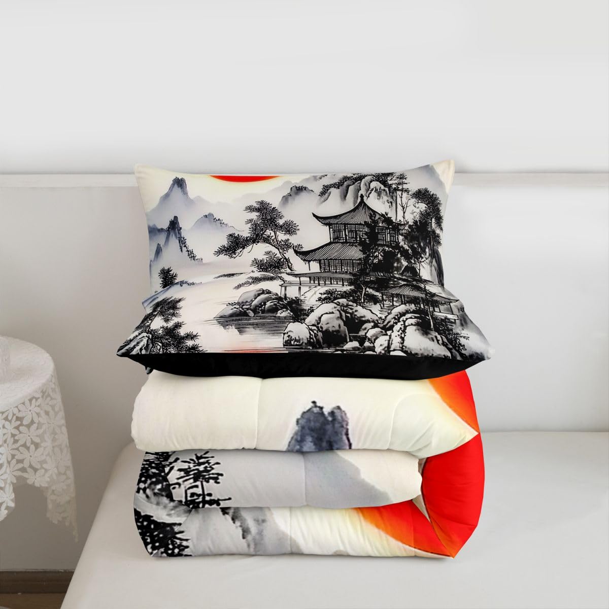 jejeloiu Chinese Ink Painting Kids Comforter Set Queen Size Japanese Style Bedding Set Red Sun Duvet Quilt for Kids Boys Girls Bedroom Mountain Decor Microfiber Ultra Soft Breathable