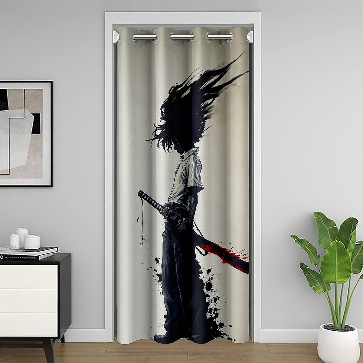 jejeloiu Kids Afro Samurai Door Curtain for Doorway Privacy 34" x 80" Anime 30%-50% Room Darkening Blackout Japanese Style Window Treatments