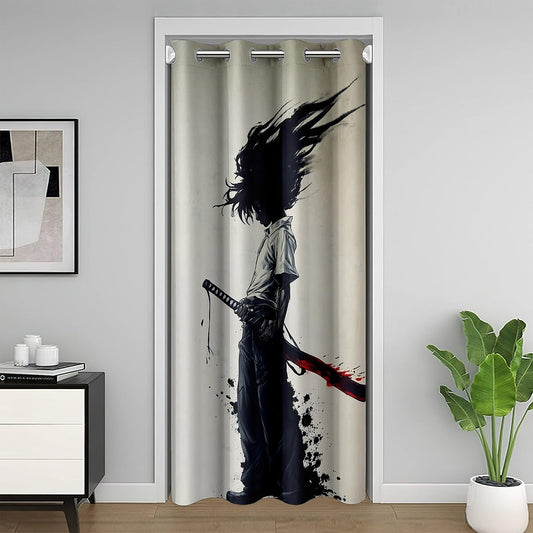 jejeloiu Kids Afro Samurai Door Curtain for Doorway Privacy 34" x 80" Anime 30%-50% Room Darkening Blackout Japanese Style Window Treatments