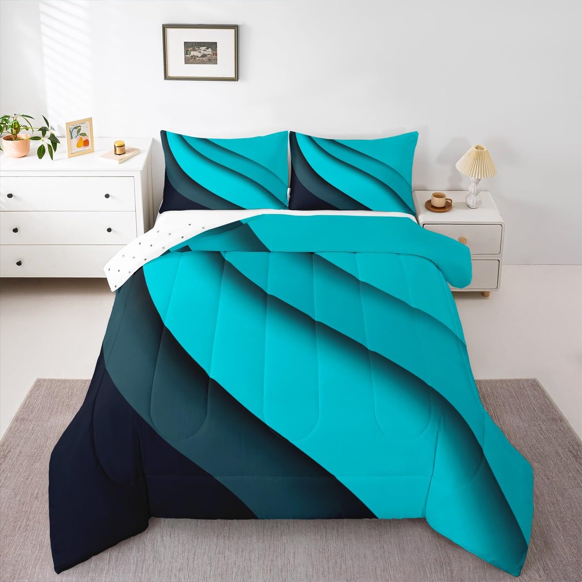 jejeloiu Geometric Bedding Set Full Blue Black Abstract Stripes Comforter Set for Kids Abstract Art Comforter Women Men Teens Soft Lines Decor Quilt Boys