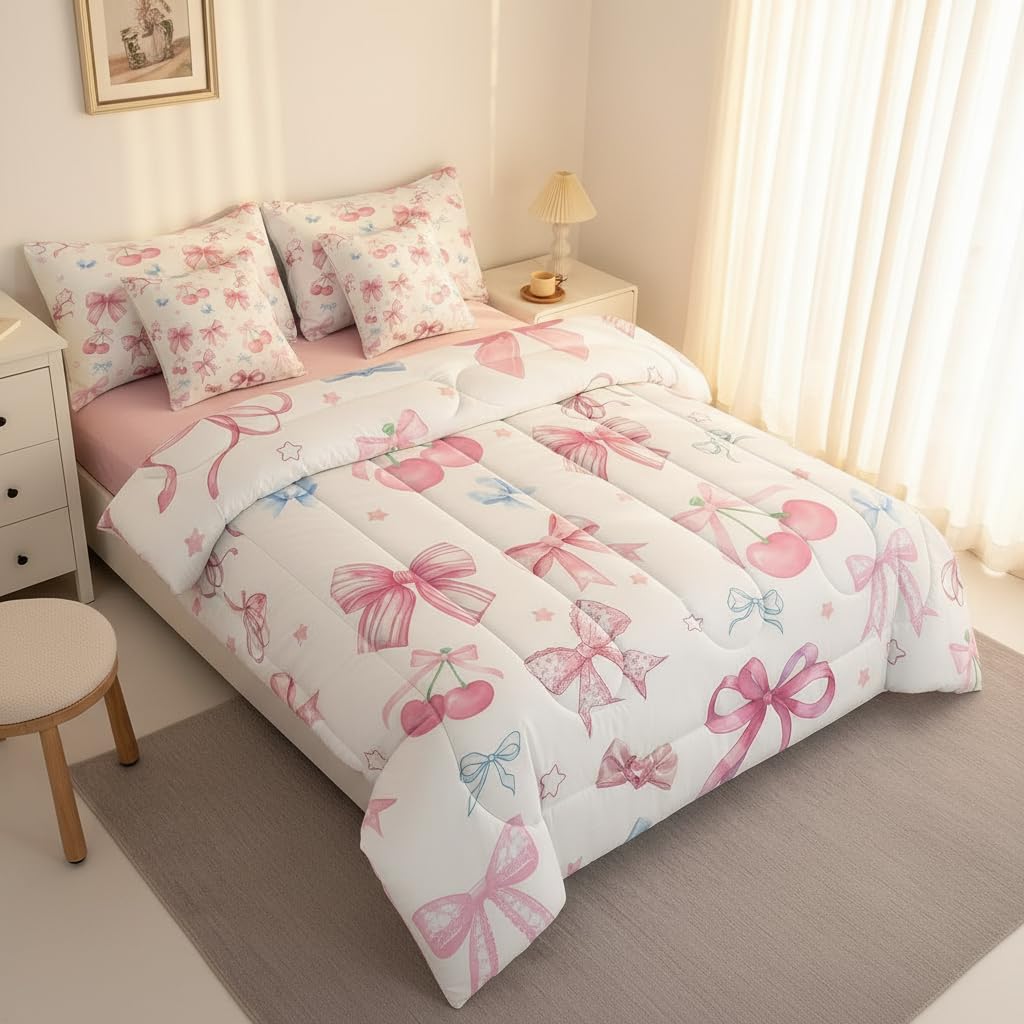 7 Pieces Pink Bow Girls Comforter Set Full,Cherry Bowknot Print for Kids Girl Woman,Butterfly Bow Bedding Cute Sweet Princess Style Comforter+Fitted+Flat Sheet+2 Pillowcases+2 Throw Pillow Covers