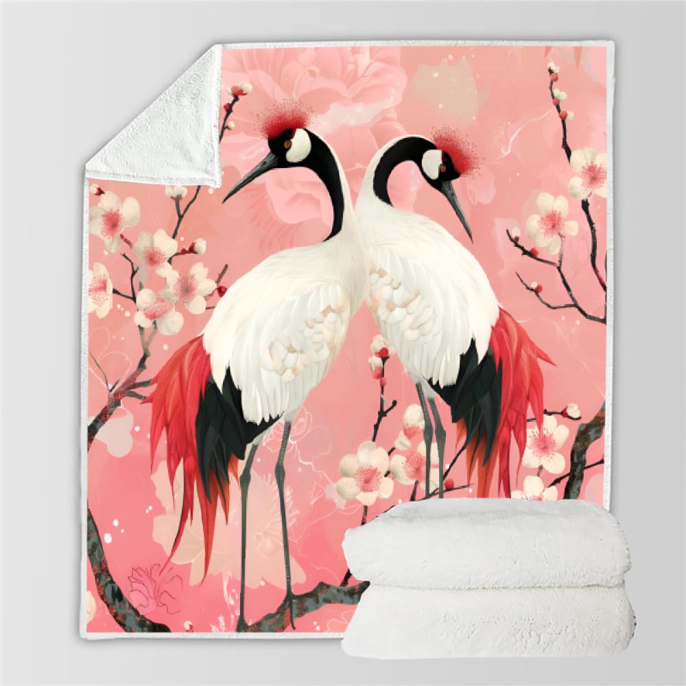 PAOABIU Japanese Cranes Blanket Throw, Vintage Pink Throw Blanket for Couch, Flower Art Breathable Warm Bed Throw, Plum Blossom Lightweight Fleece Blanket Kids 30"x 40" Camping & Travel Blanket