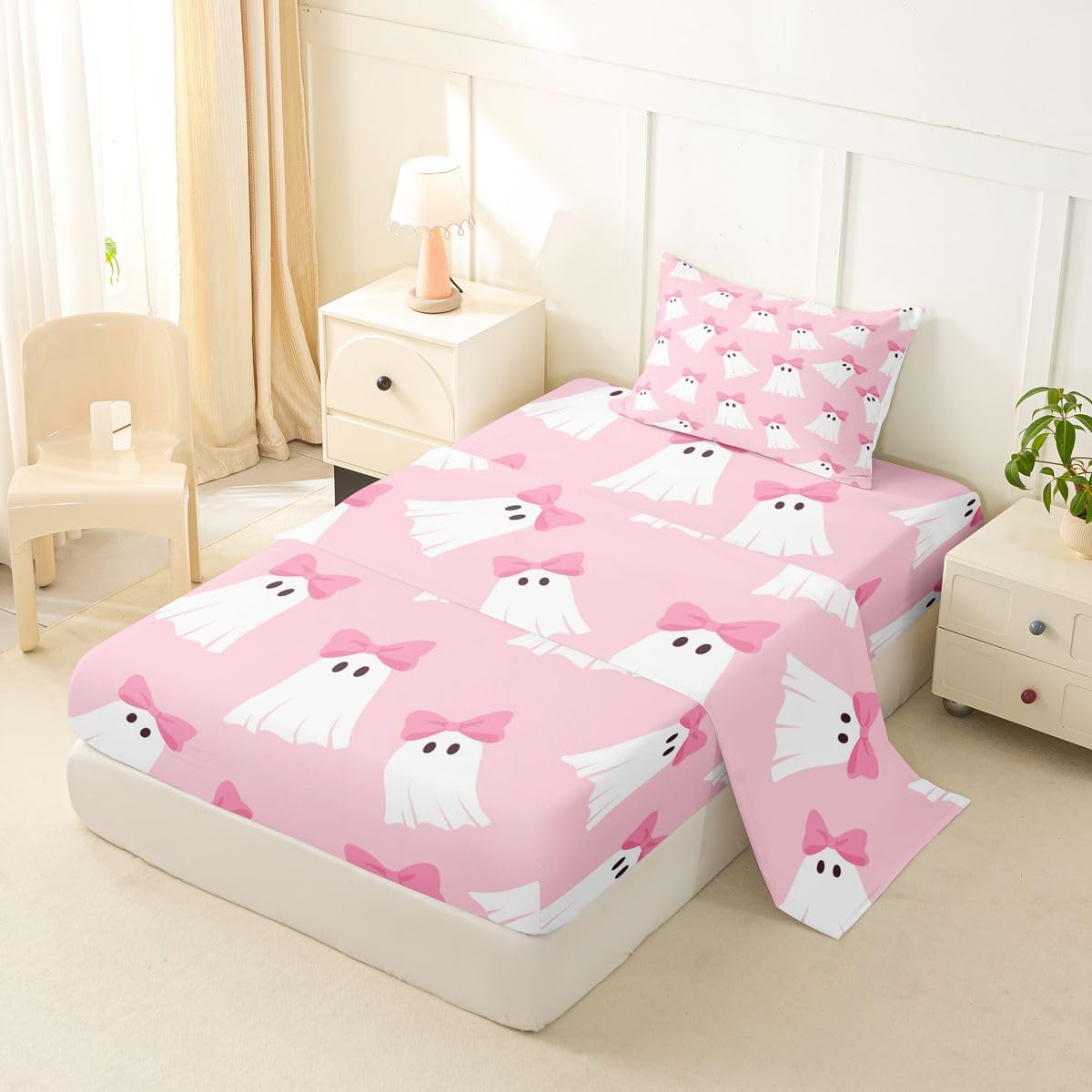 Feelyou Cute Pink Halloween Bed Sheets Set Twin Size Halloween Bow Ghost Bed Set Kawaii Ghost Deep Pocket Fitted Sheet Breathable Soft Lightweight Microfiber
