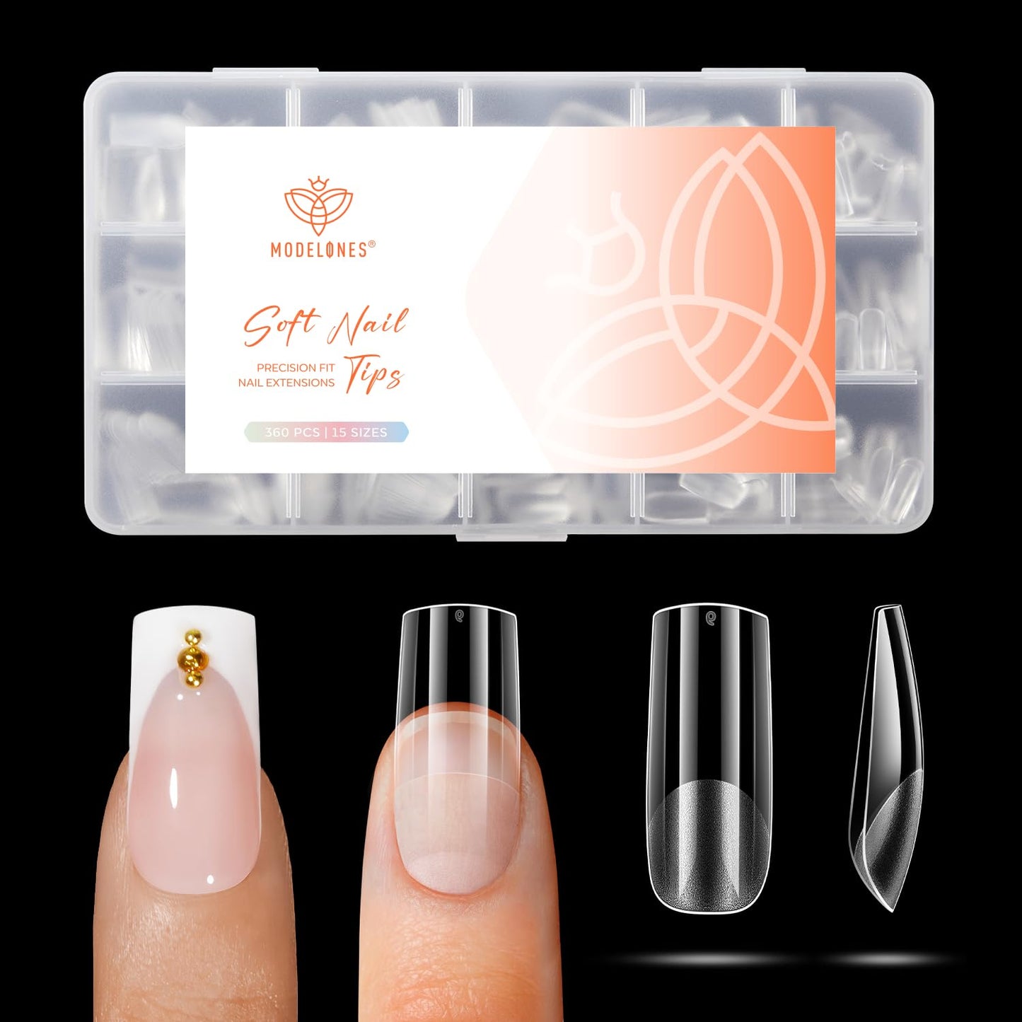 modelones Medium Square Gel Nail Tips, 360pcs Pre-etched Clear Fake Nails Press On Full Cover Half Matte 15 Sizes Acrylic Gel Tips for Extension Salon