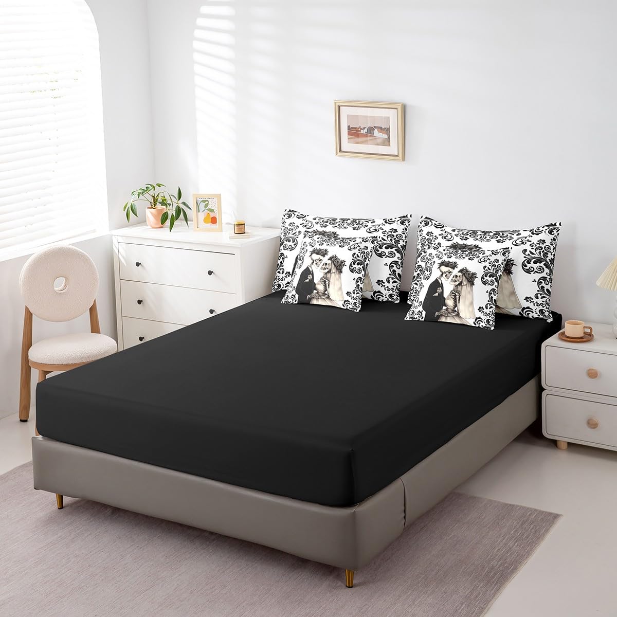 Erosebridal Skull Gothic Queen Bedding Set 7 Piece for Couple Wife Husband,Black White Damask Skull Goth Bed in A Bag,Wedding Anniversary Valentines Day Comforter Set with Sheets Romantic Bed Set