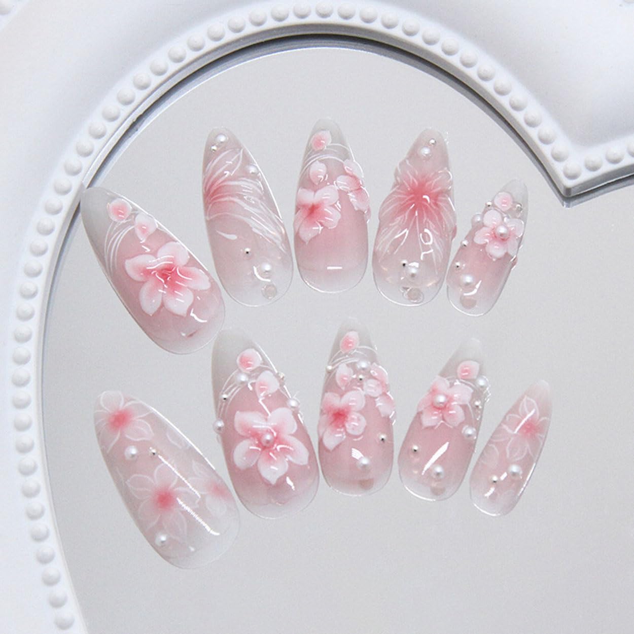 Press on Nails Almond Medium Pink Fake Nails French Tip False Nails Press ons with Flowers Design Glue on Nails Artificial Acrylic Nail Art Glossy Full Cover Stick on Nail Supplies for Women 24Pcs