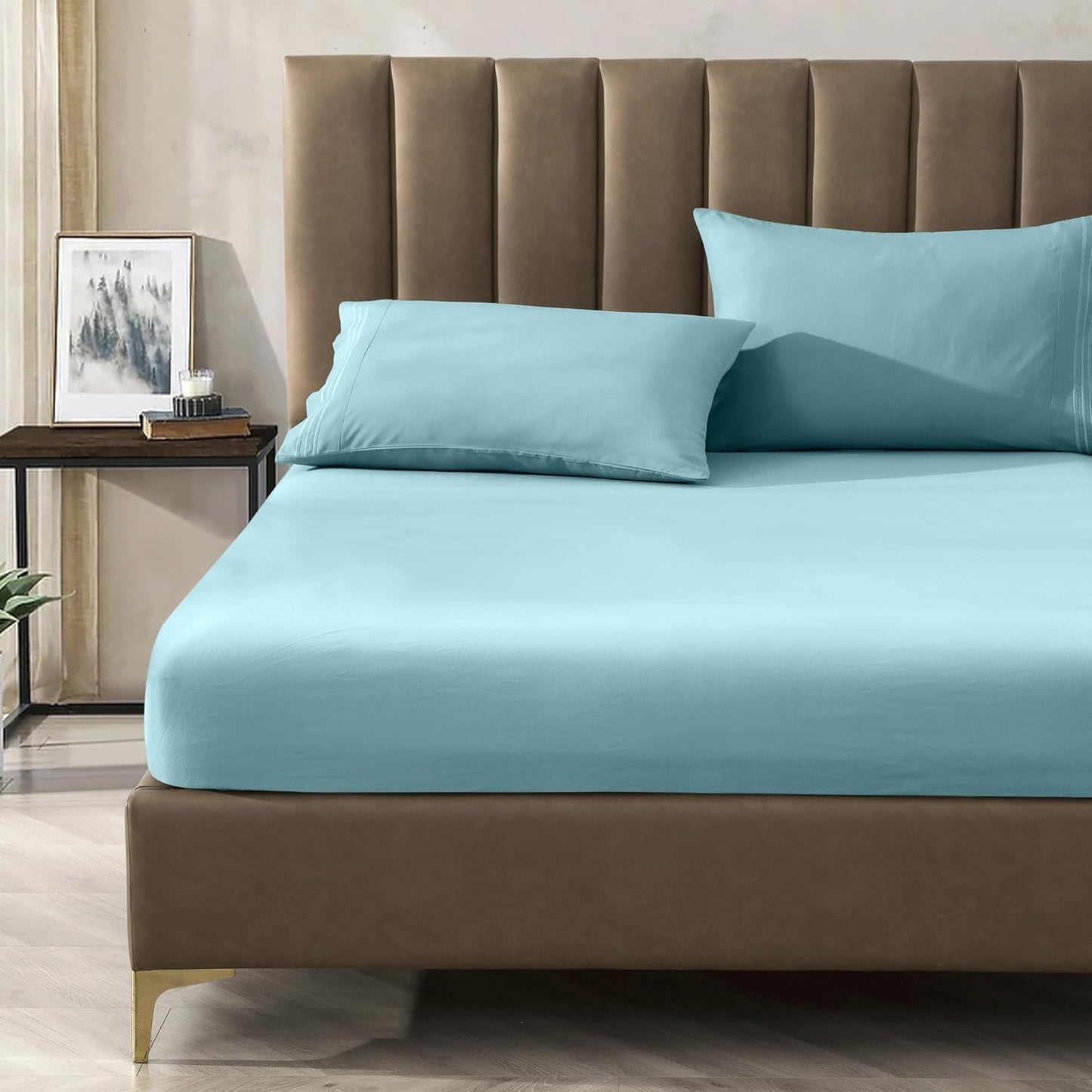 CELINE LINEN Premium 1800 Hotel Quality Wrinkle-Resistant 4-Piece Microfiber Sheet Set - Luxury Ultra Soft and Breathable Bedding 16 Inch Deep Pocket 4PC Sheet Set, King, Aqua