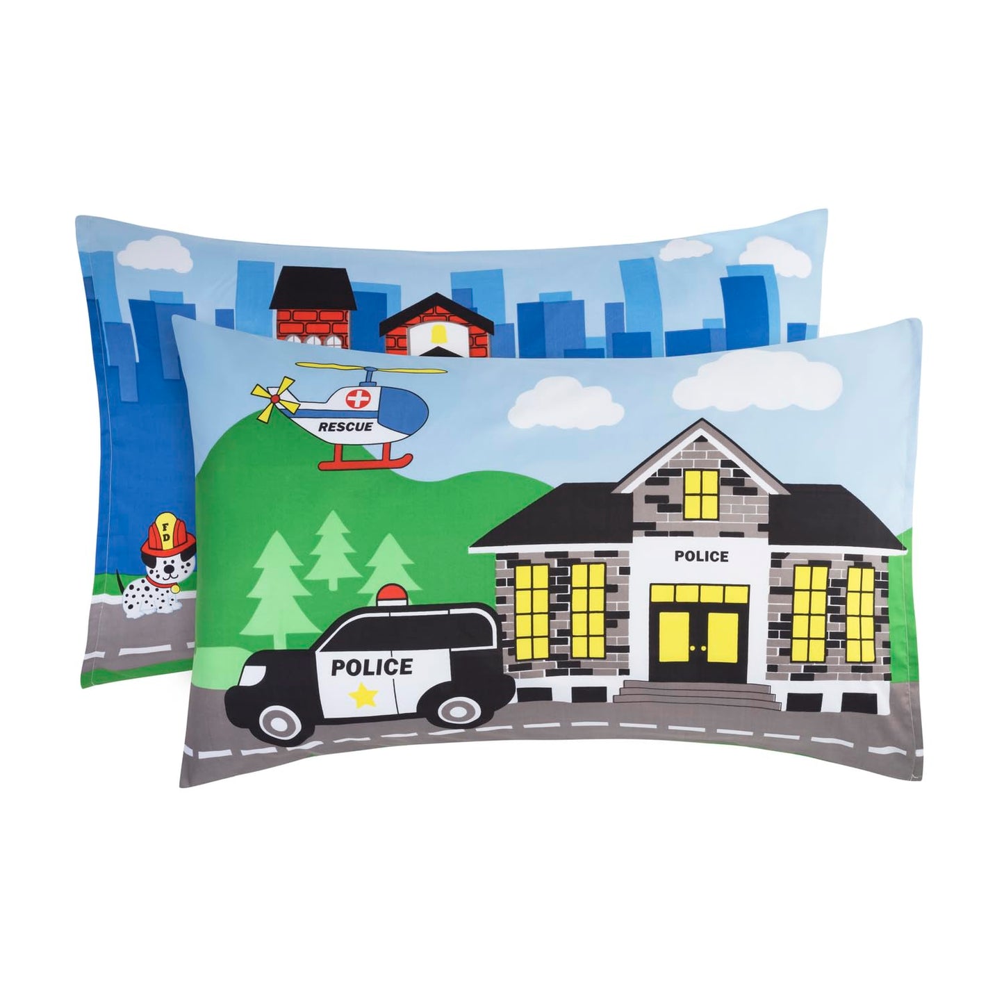 EVERYDAY KIDS 4 Piece Toddler Bedding Set -Fire and Police Rescue- Includes Comforter, Flat Sheet, Fitted Sheet and Reversible Pillowcase