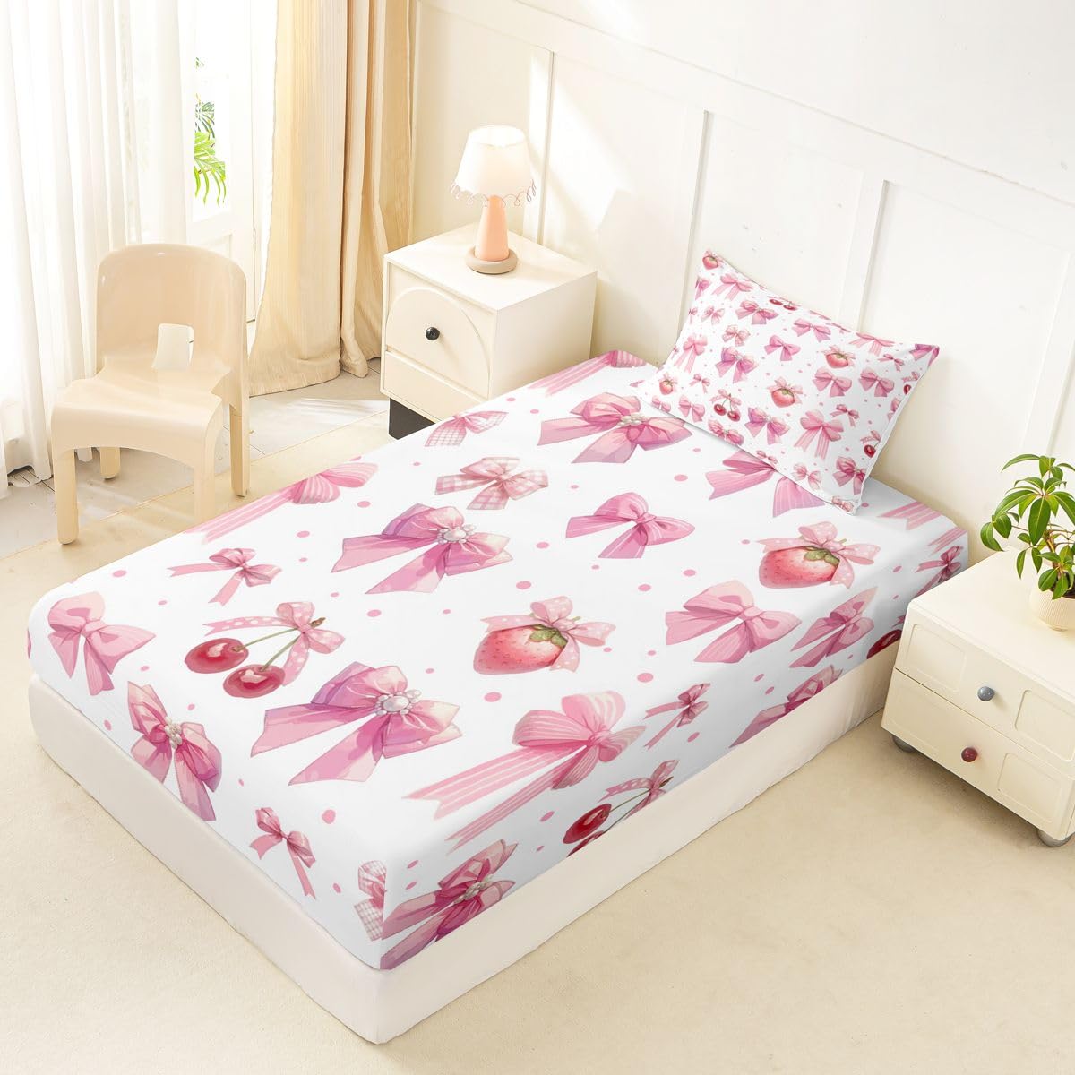 jejeloiu Pink Cute Strawberry Bow Fitted Sheet Twin Size for Kids Boys Girls Dreamy Princess Style Bed Sheets Set 16" Deep Pocket Kawaii Coquette Bow Bedding with 1 Pillowcase Room Decor