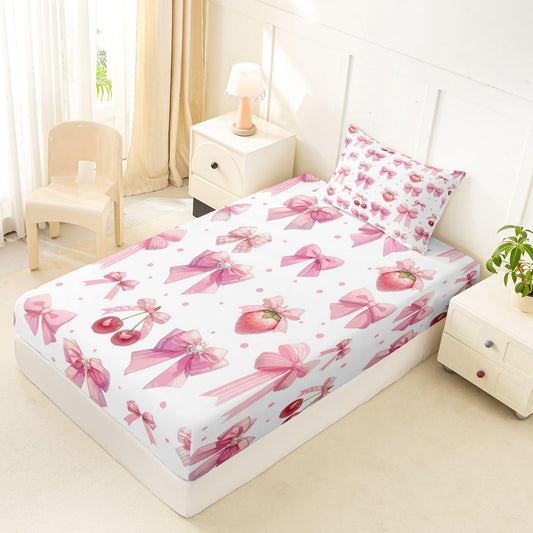 jejeloiu Pink Cute Strawberry Bow Fitted Sheet Twin Size for Kids Boys Girls Dreamy Princess Style Bed Sheets Set 16" Deep Pocket Kawaii Coquette Bow Bedding with 1 Pillowcase Room Decor
