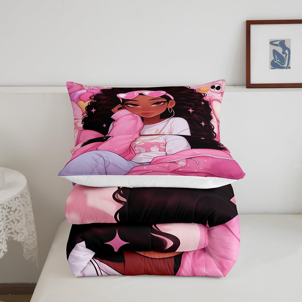 Manfei Little Girl Kids Comforter Set Full Size,Glitter Stars Wave Points Romantic Bedding Set,Girls Women Room Decor,Afro American Black Princess Girls Down Comforter,Pink Duvet Insert,2 Pillowcases