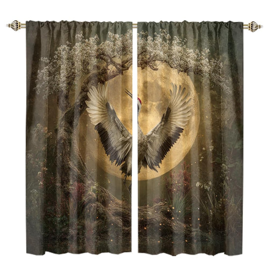 XSUPFLYM Beautiful Realistic Red Japanese Crane Window Thermal Curtain for Living Room Colorful Asian Culture Full Moon Animal Cherry Blossom Blackout Curtains for Bedroom 2 Panels Each 21" W x 45" L