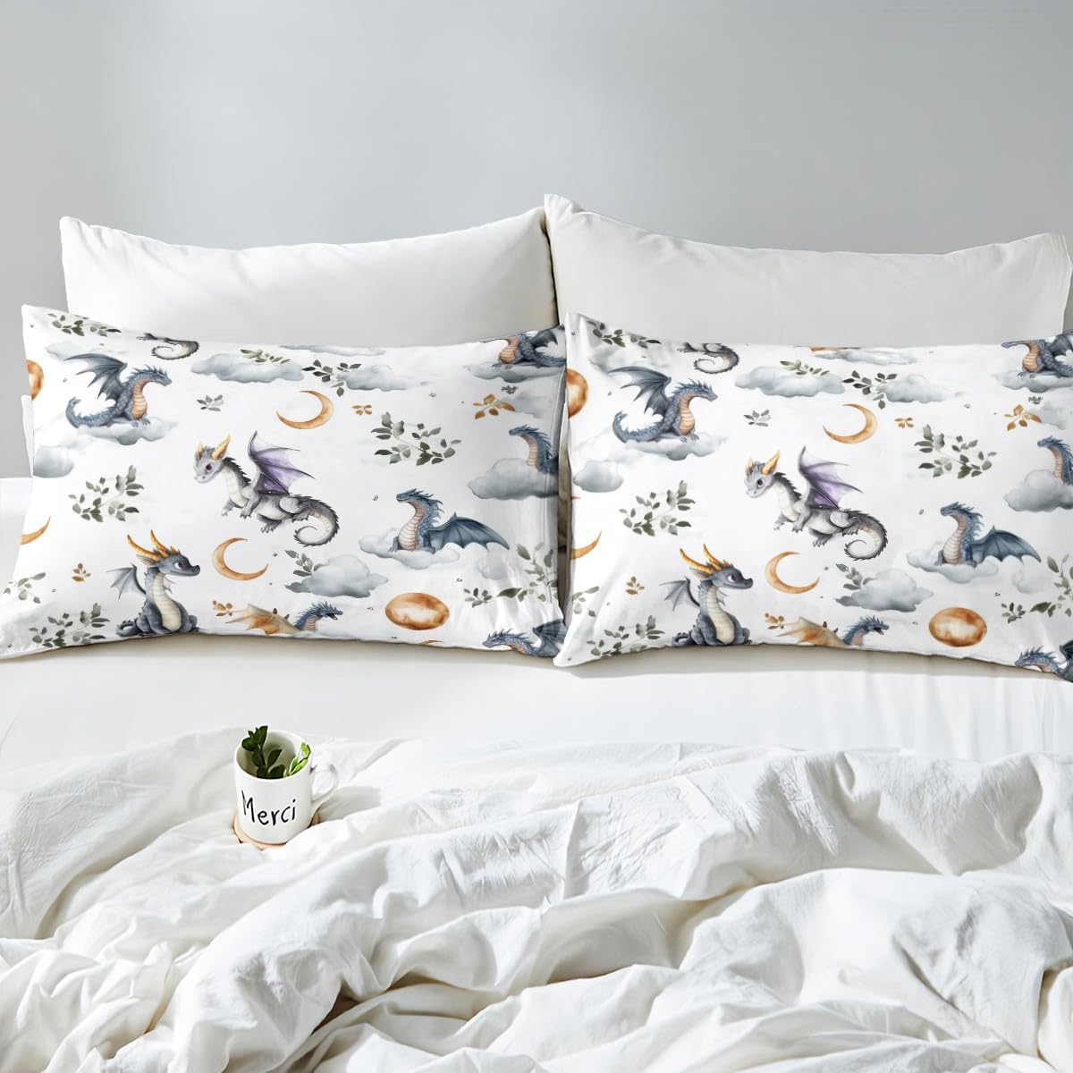 Western Dragon Fitted Sheet Twin Size,Cute Flying Dragon Bedding Sets 2Pcs,Star Moon Leaves Bed Sheet for Kids Teens Girls Boys Room Decor,Wild Animals Plant Deep Pocket Sheet,1 Pillowcase