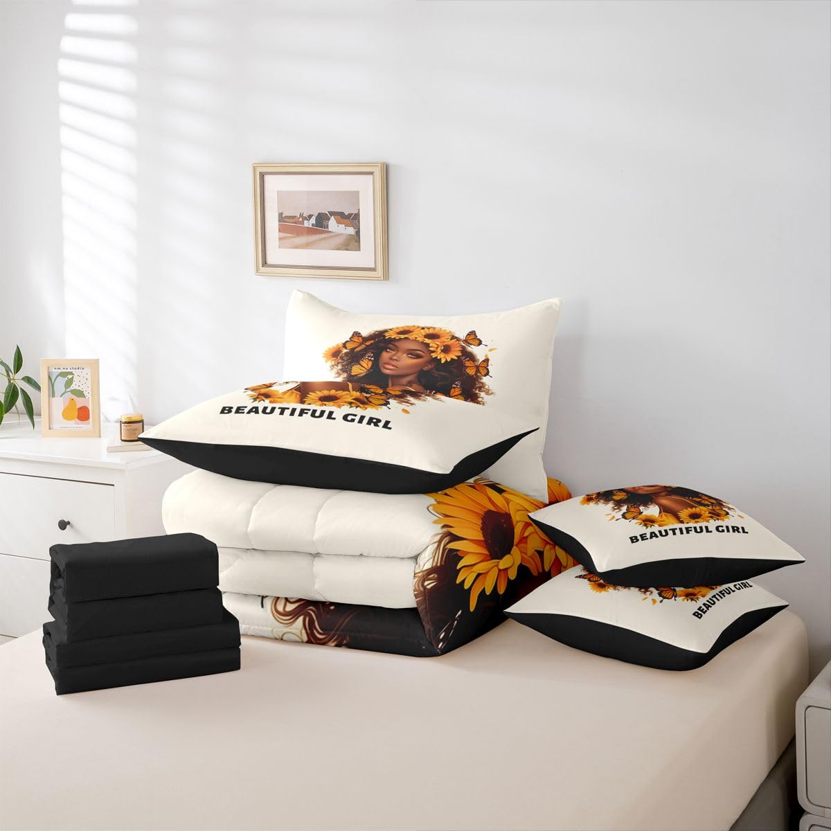 Erosebridal Beautiful Black Girls Queen Bedding Set Vibrant Sunflower Comforter Set with Flat and Fitted Sheet Teen Women Cute Butterfly 7-Piece Bed in a Bag Minimalist Art Quilt Sets