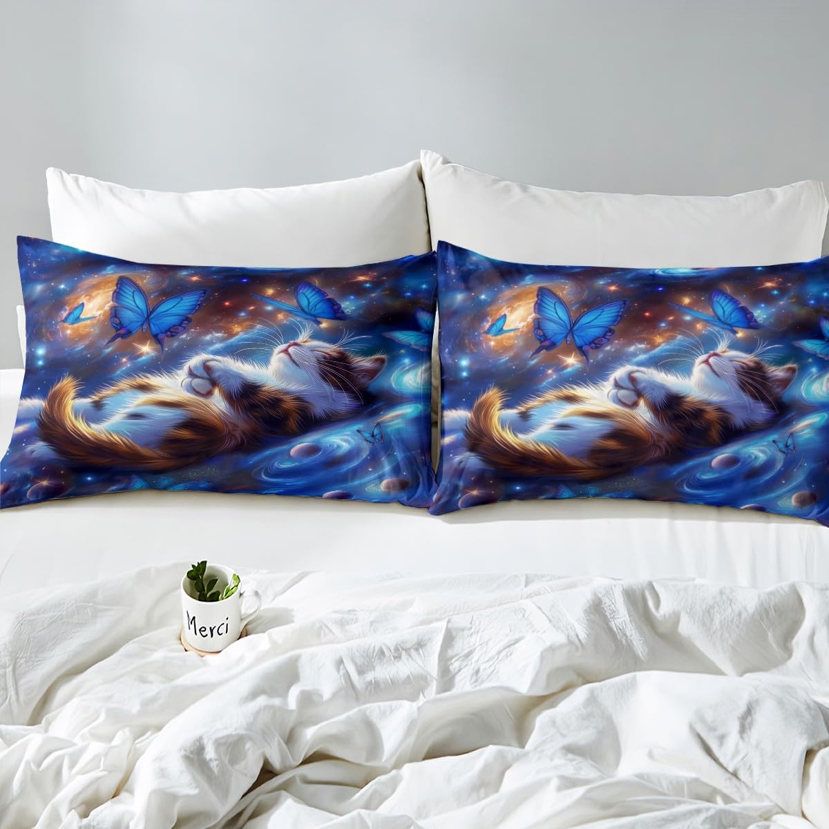 Kawaii Cat Kids Fitted Sheet Full Size,Planets Starry Sky Galaxy Bedding Set,Boys Girls Room Decor,Cartoon Butterfly Animal Rustic Farmhouse Bed Cover,Blue Bed Sheet,2 Pillowcases