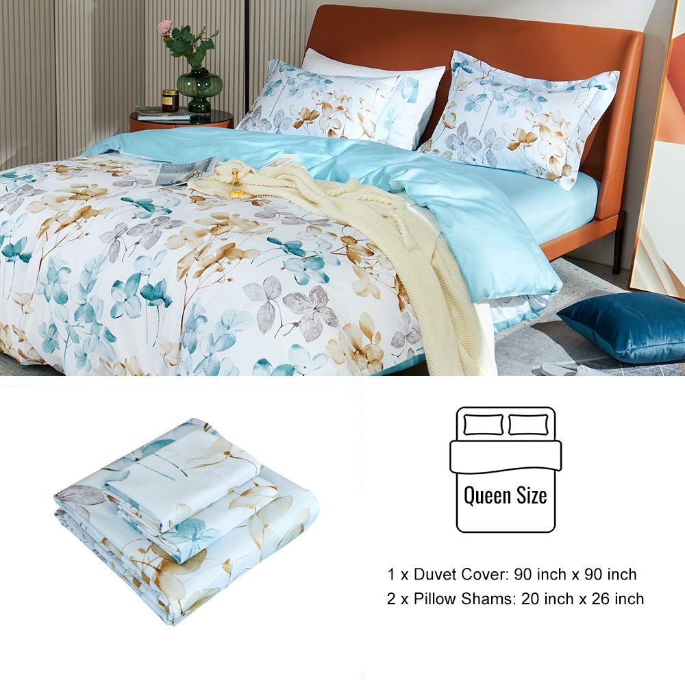 MILDLY 100% Long Staple Cotton Duvet Cover Set Blue Gold Grey Leaves Printed Comforter Cover Set Watercolor Plant
