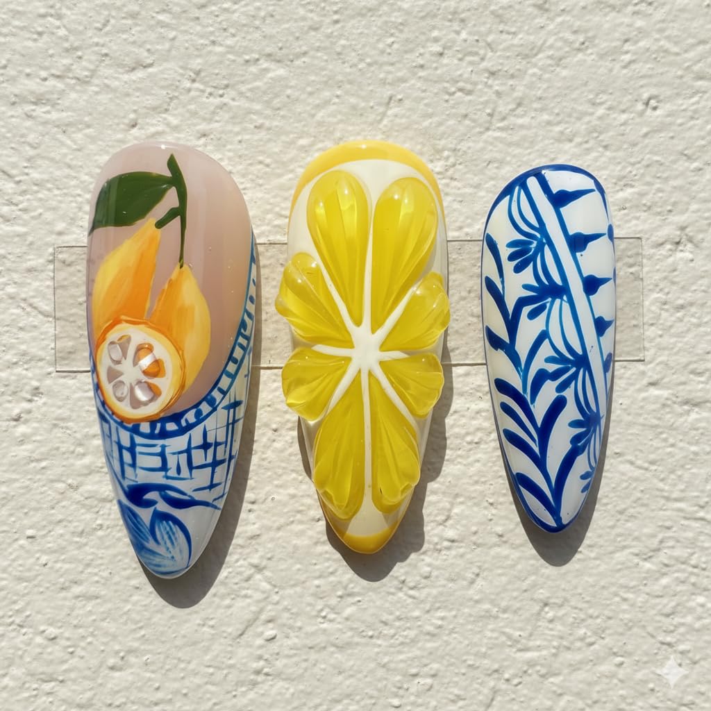 Handcrafted Press On Nails Italian Vacation Style Lemon & Blue Ceramic Pattern 100% Handmade Realistic Artistic Fake Nails With Adhesive Glue Tabs And Tool Gifts For Women (Hand-Painted Lemon,Long M)