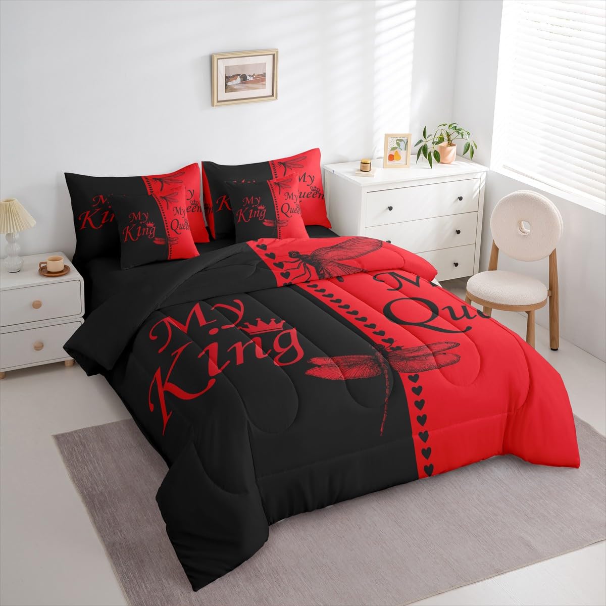 Dragonfly Bed in a Bag Queen Comforter Set 7 Piece | King and Queen Bedding Sets Couples Gifts for Men Women Comforter and Sheet Set, Aesthetic Red and Black Bed Sets,Valentines Day Decorations