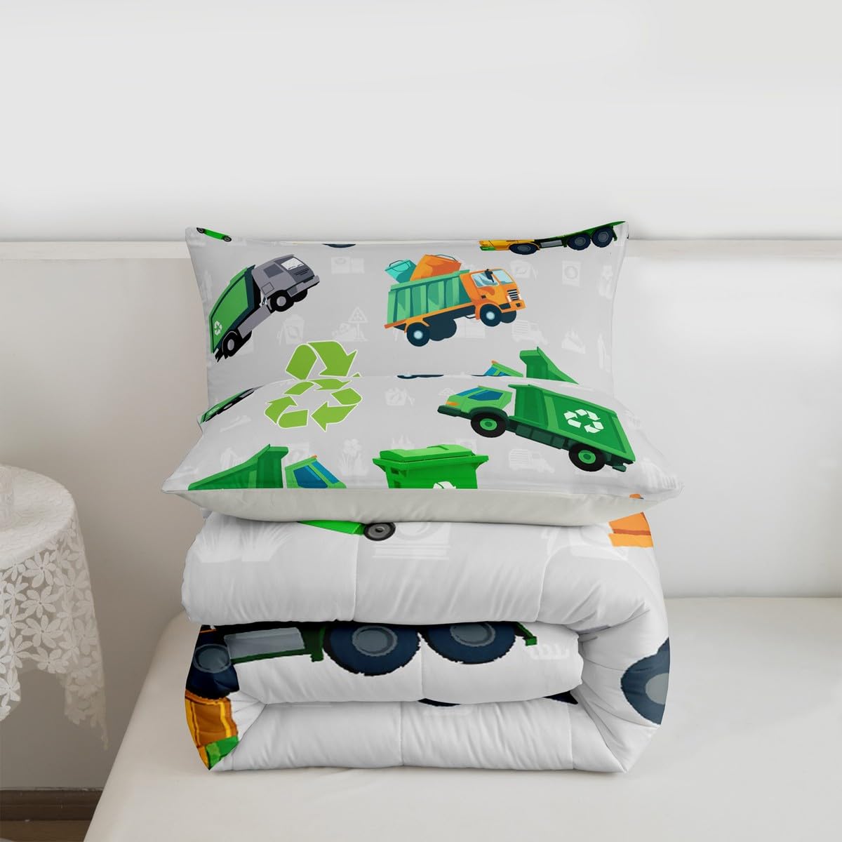 Feelyou Boys Green Garbage Truck Bedding Set - Cartoon Trash Truck Comforter Set for Kids Boys Girls Teens - Queen Size with 2 Pillow Case