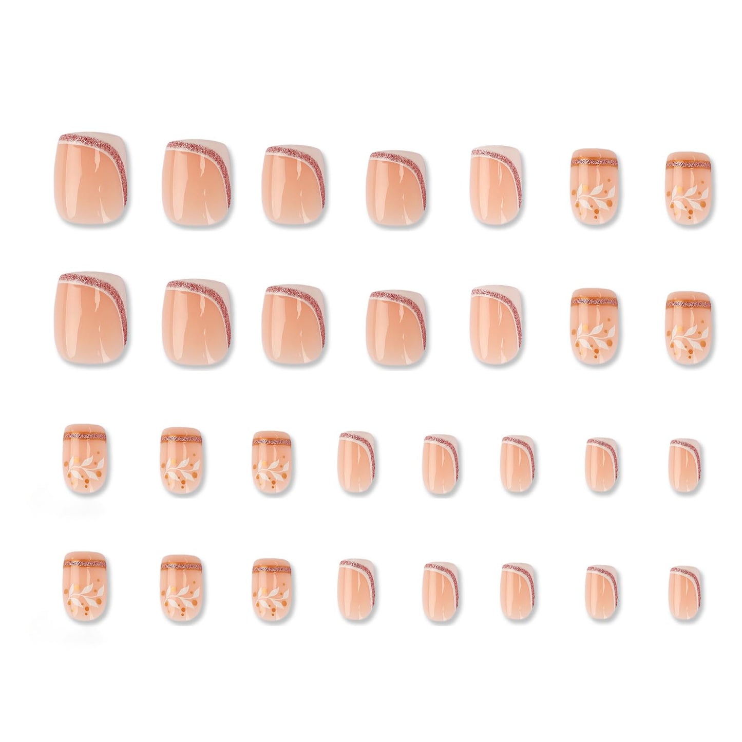 Stbisen French Press On Nails Short Square, Nude Fake Nails with White French Tip and Minimalist Purple and Gold Line Design, Glossy Gel Acrylic Nails, Natural Reusable Glue On Nails for Women, 30Pcs