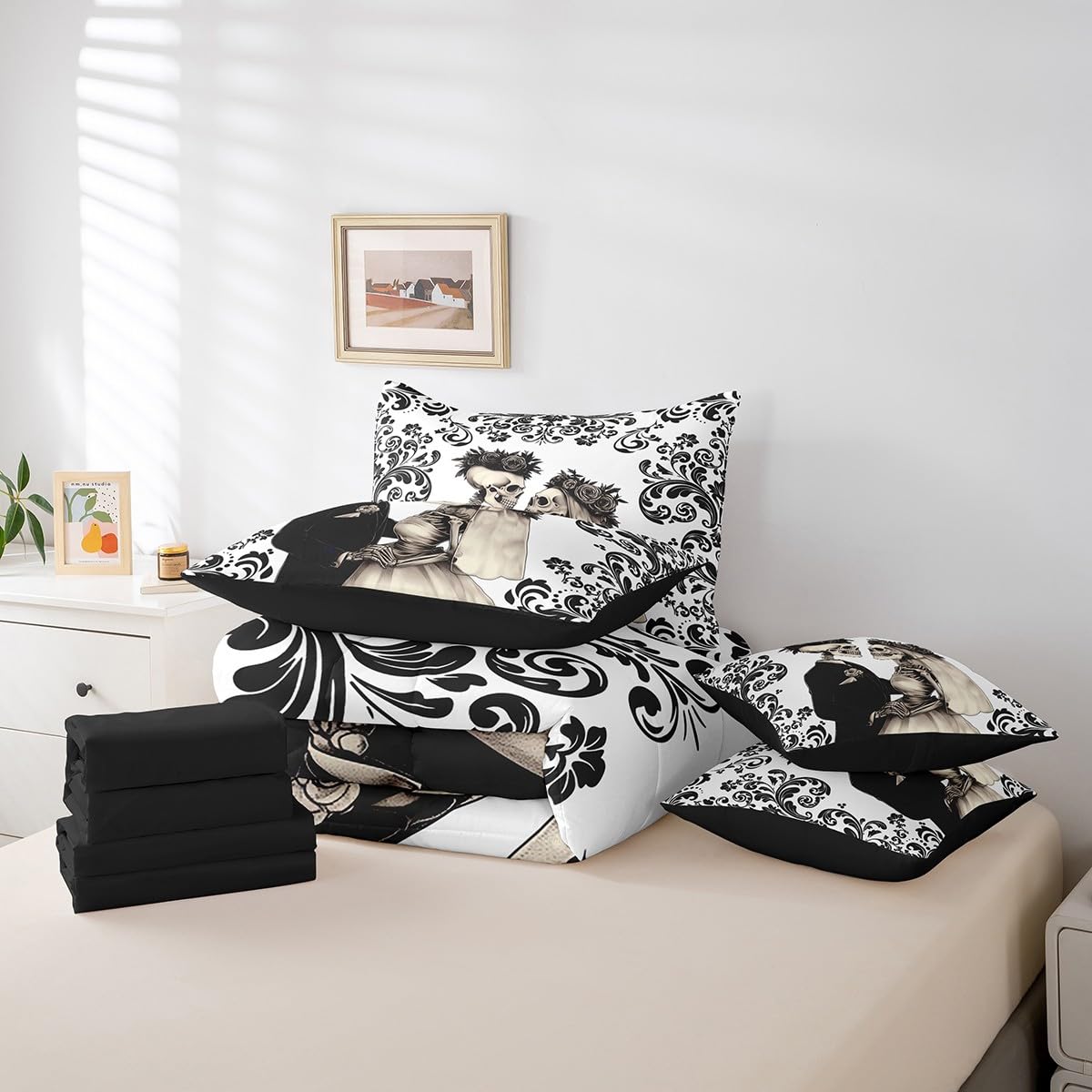 Erosebridal Skull Gothic Queen Bedding Set 7 Piece for Couple Wife Husband,Black White Damask Skull Goth Bed in A Bag,Wedding Anniversary Valentines Day Comforter Set with Sheets Romantic Bed Set
