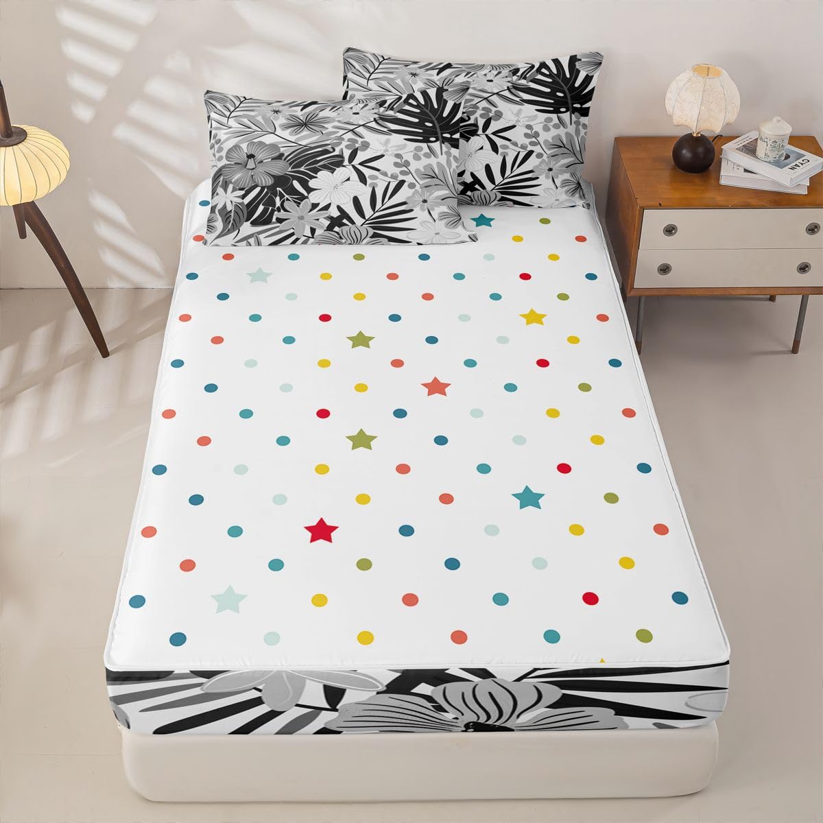 Feelyou Cute Grey Flower Zipper Bedding Sets for Kids Boys Girls Botanical Leaves Floral Queen Comforter Set with Fitted Sheet Aesthetic Flower Bedroom Decor Microfiber with 2 Pillow Cases