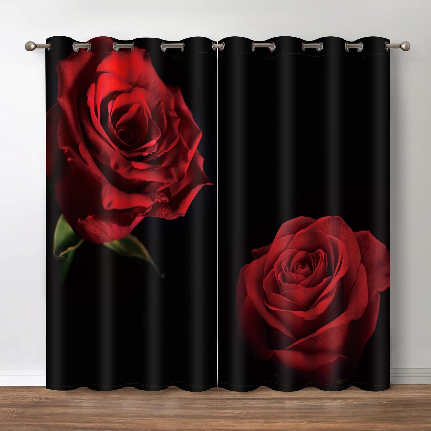 Jekeno Red Rose Floral Blackout Curtains - Romantic Black Red Roses Flower Theme Print Decor Home Apartment Bedroom Living Room Darkening Grommet Window Drapes 2 Panel Set,52"x84"
