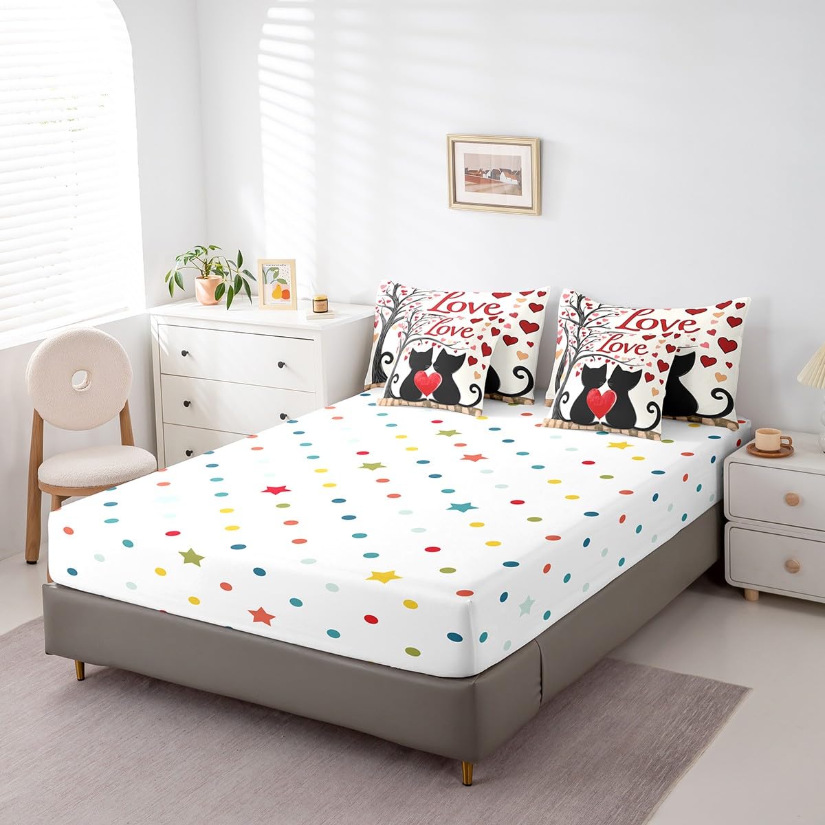 Erosebridal Cute Couple Cat Queen 7 Piece Bedding Set - Romantic Valentines Day Comforter Set with Sheets, Pink Red Love Pattern Bed in a Bag for Kids Girls Boys Women Couples Bedroom Decor