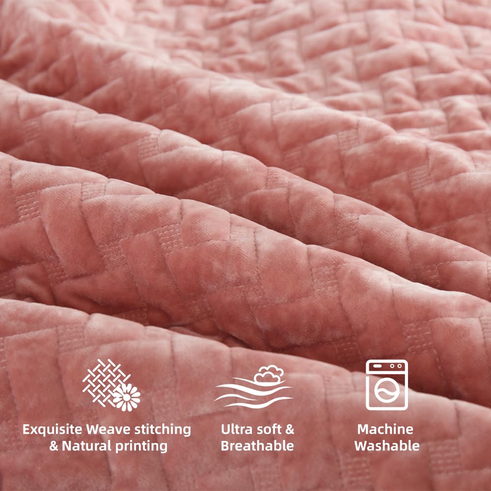 Liians Velvet Bedspread Quilt Bedding Sets,Luxury Soft Velvet Comforters Coverlet Blankets,Weave Stitching Pattern Cotton Quilted Bedspread for All Seasons, Pink,King Size