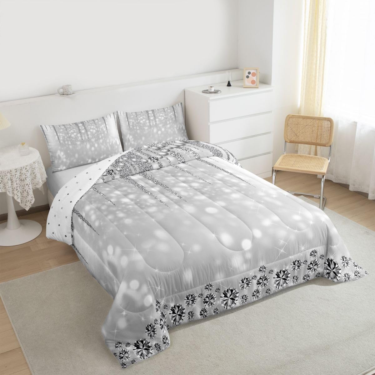 Grey Glitter Comforter Set Queen Size,3D Diamond Pearls Silver Bedding Sets for Kids Teens Girls Women Room Decor Luxury Sparkling Jewelry Quilt Set Starlight Galaxy Duvet Insert,2 Pillowcases
