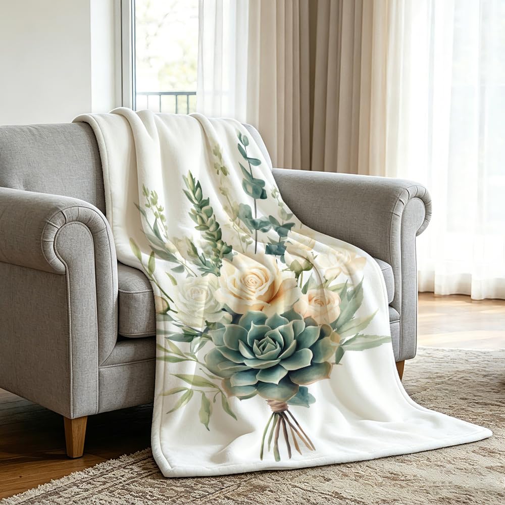 HUNXIAOJ Botanical Throw Blanket Green Leaves Blanket Plant and Floral Decor Botanical Bedding Warm Soft Flannel for Bed Sofa Couch (49in x 59in)