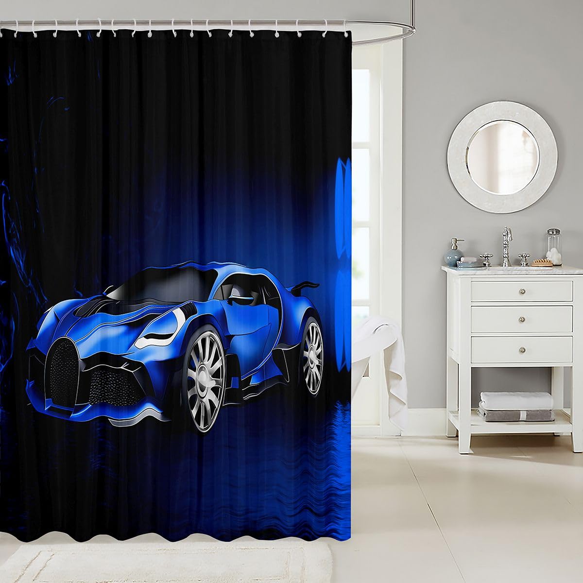 Feelyou Sports Car Shower Curtain Blue Race Car Fabric Shower Curtains Kids Boys Extreme Sports Bathroom Waterproof Accessories with 12 Hooks Cool Decor Curtains,72x72 Inches