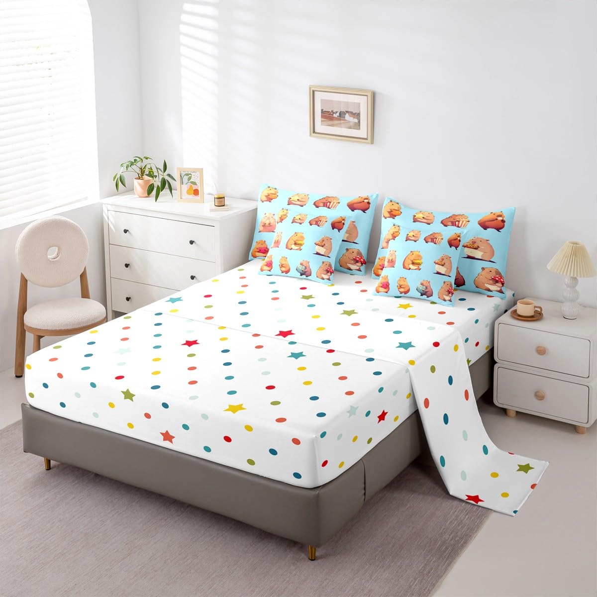 Erosebridal Funny Capybaras 7 Pieces Bedding Set Twin,Capybara Lover Bed in a Bag,Cartoon Rodents Bed Set Includes Comforter,Sheet Set,Pillowcases & Pillow Covers,Blue Khaki Capybara Bedroom Decor