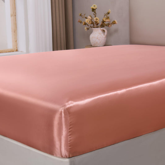 BEDELITE Satin Fitted Sheet Queen with Elastic Corner Straps, Luxury Soft Silk-Like Bed Sheet for Hair & Skin, 1 Deep Pocket Fitted Sheet Only Fits 15" Mattress, Fade & Wrinkle Resistant, Rose Pink