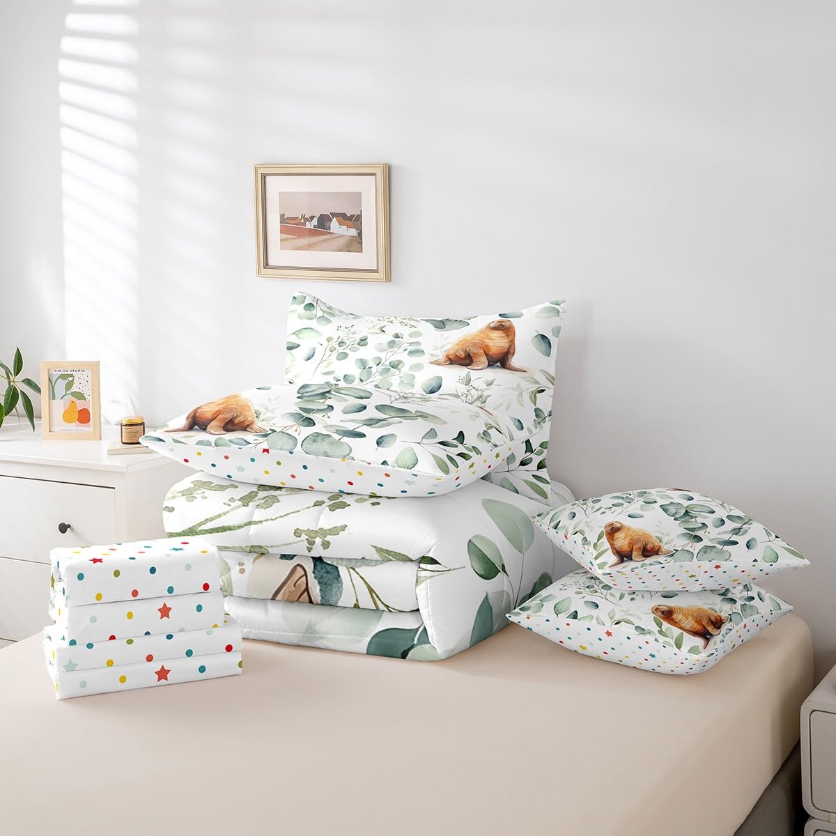 Erosebridal 7-Piece Cartoon Seal Bedding King Size Ocean Wildlife Comforter Set, Spring Plant Bedding Comforter Sets Eucalyptus Leaf Bed in a Bag, Sea Animal Theme Bedding Accessories Kids Room Decor