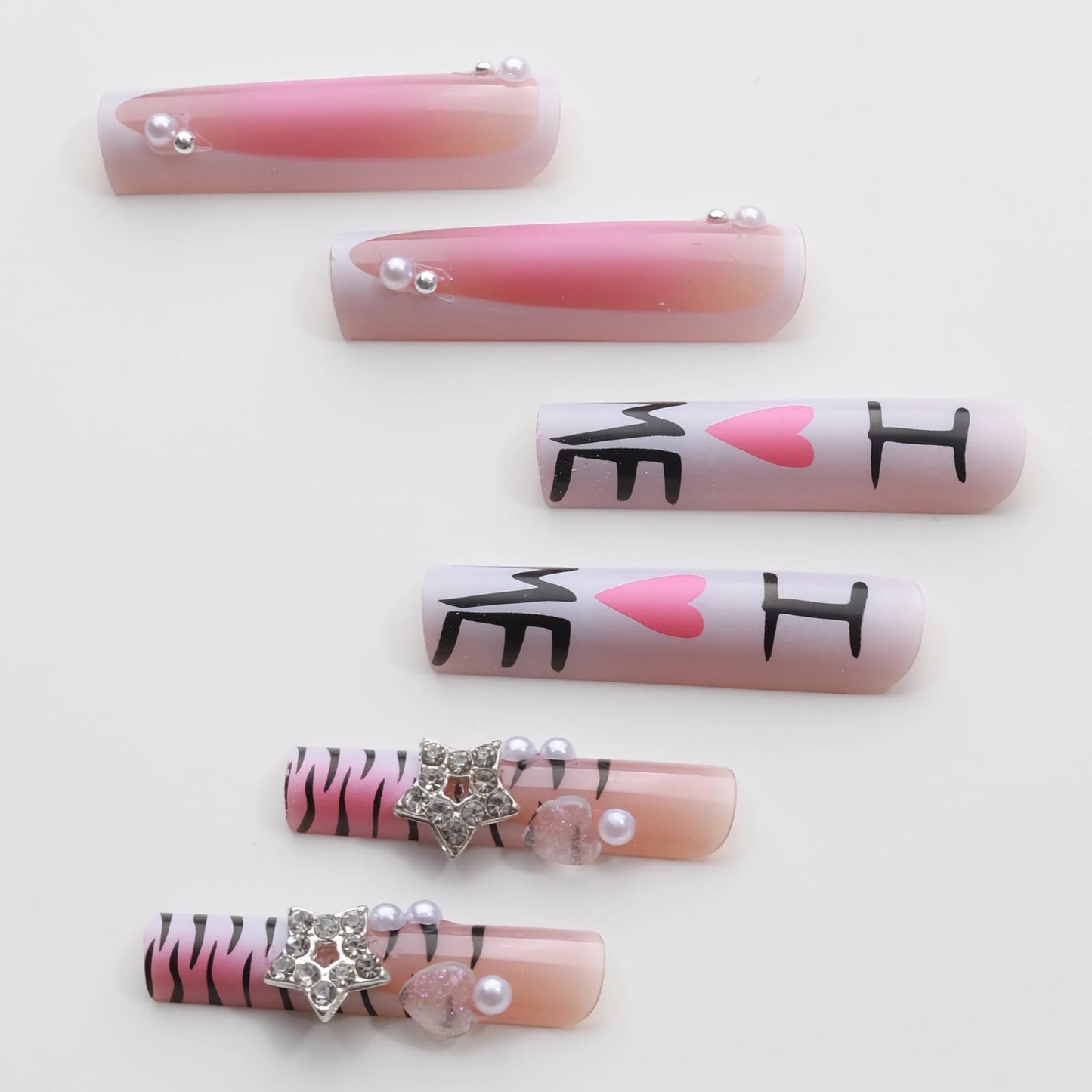 MISUD Press on Nails - Extra Long Square Fake Nails with Pink White, Acrylic Y2K Charms Design 24 pcs