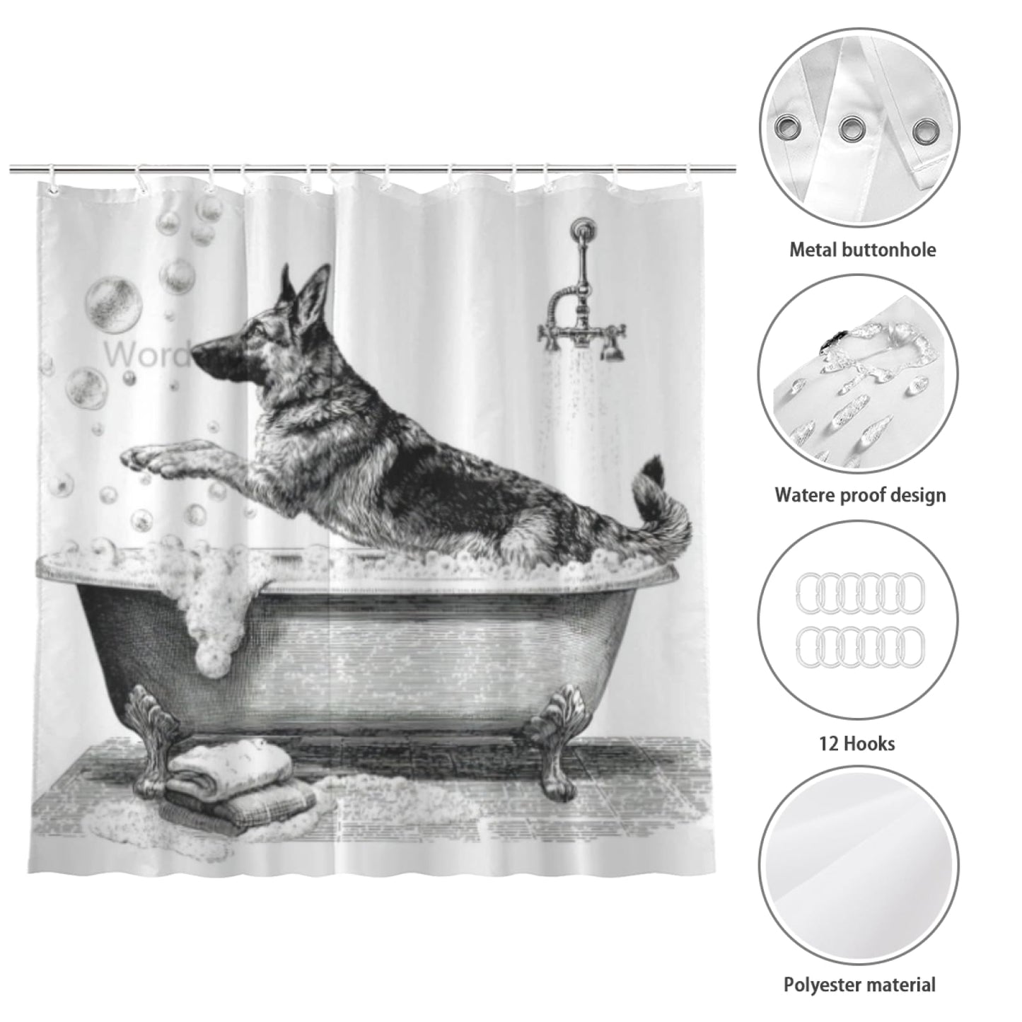 Wordatu German Shepherd Shower Curtain Bathroom Set 72x72 Inches Cartoon Cute Kids Sketch Animal Pet Dogs Lover Bath Accessories Dog Art Home Decor Fabric 12Hooks