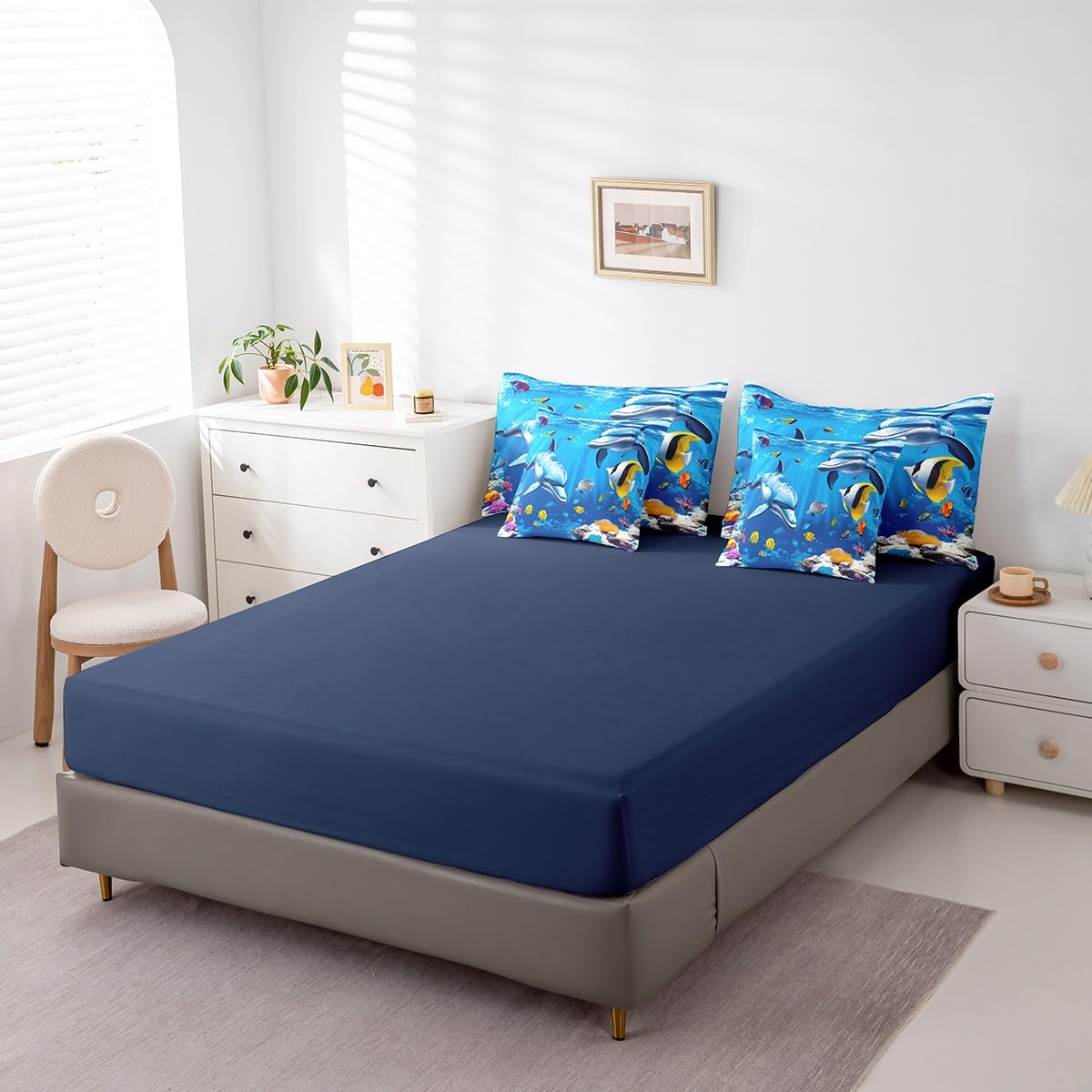 Erosebridal Blue Ocean Comforter Set 7 Piece Bed in a Bag Twin,Dolphin Bedding Sets 3D Fish Coastal Sheet Set with Comforter,Nautical Sea Animal Bed Set