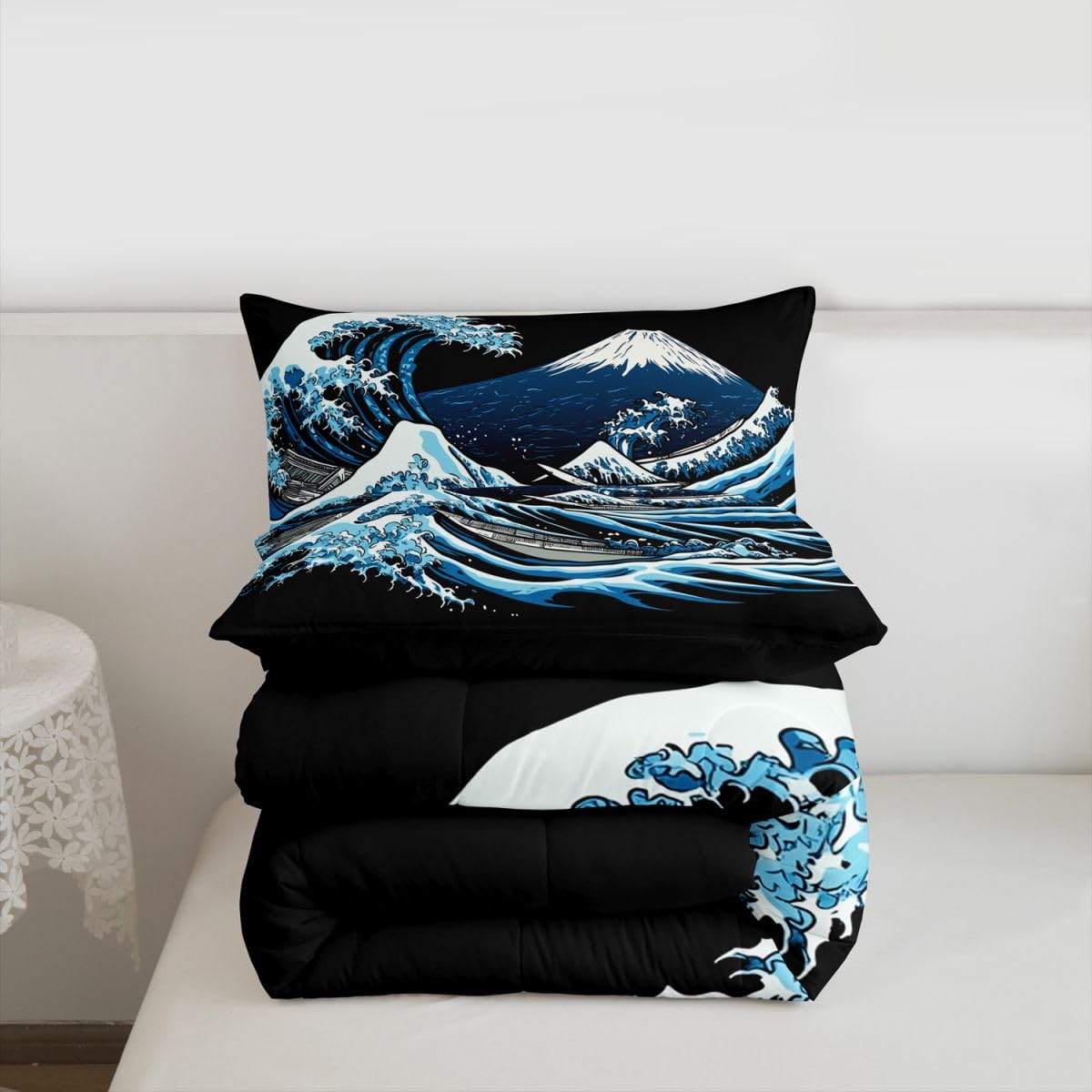 jejeloiu Wave Pattern Comforter Set Queen Size Japanese Style Bedding Set for Kids Boys Girls Mountain Duvet Quilt Ocean Wave Bedroom Decor Microfiber 3 Pcs with 2 Pillow Cases