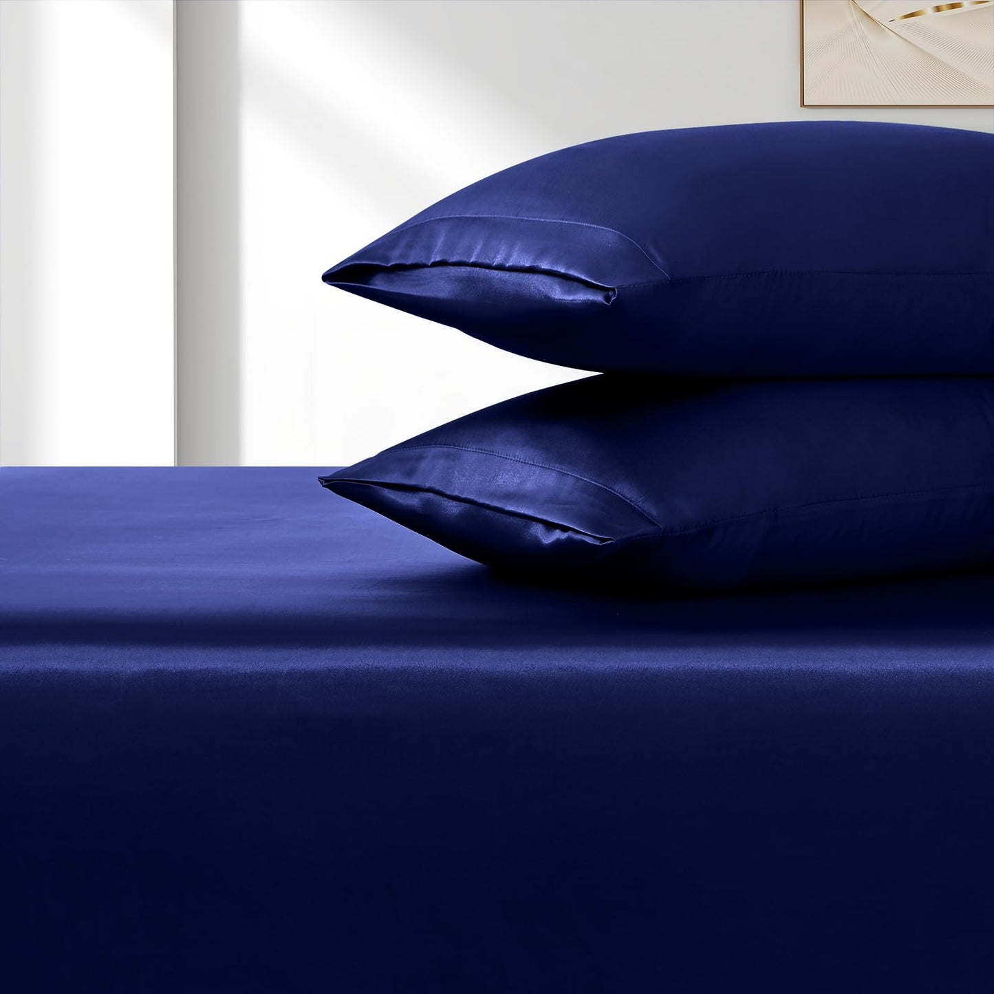 VACVELT 3pcs Extra Deep Pocket Satin Fitted Sheet Set Queen Bed Set, Navy Blue Bottom Sheet Fit 18-24 Inch Deep Pocket Mattress, Silky Bedding Set Soft & Ultra Deep Fitted Sheet + 2 Pillowcase